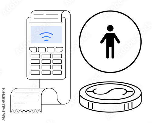 Payment terminal with receipt and coin highlights digital economy, user experience, and cashless payments. Ideal for e-commerce, fintech, banking, shopping, technology, customer service simple flat