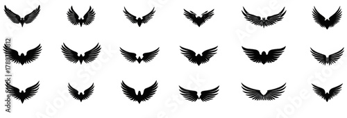 Set of black wings icons isolated on a white background.