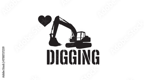 Excavator silhouette with a heart illustration for construction engineering or a love of heavy machinery isolated on whit