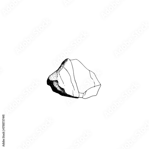 A monochrome drawing of a rock with distinct facets and a textured area on one side is displayed
