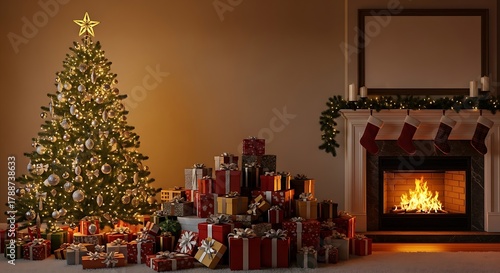 A beautifully decorated Christmas tree stands beside a warm, glowing fireplace filled with presents.