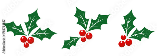 Christmas holly leaves and berries. Set of Christmas icons featuring holly leaves and berries. Vector illustration.