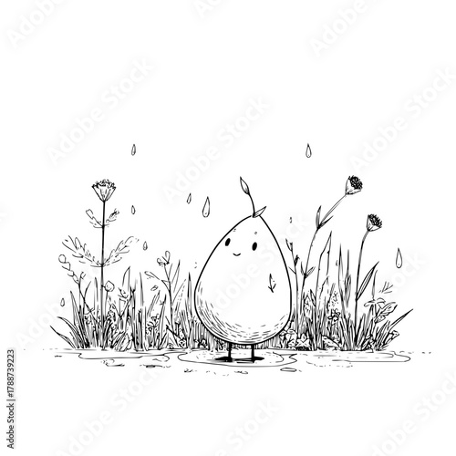A whimsical illustration of a sprout character standing in a puddle during a gentle rain shower scene