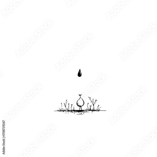 A single teardrop falling towards a sprouting seed in a field of grass and small plants illustration