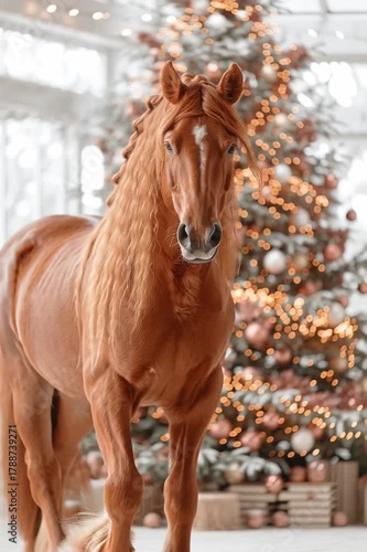 horse in winter cristmes tree new year
