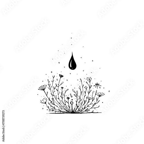 Stylized drawing of a droplet falling onto a cluster of plants with small flowers and delicate stems and leaves