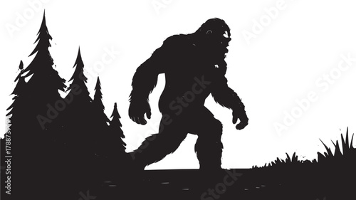 Silhouette of Bigfoot walking in the forest mysterious cryptid illustration isolated on white background