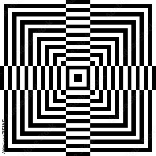 Pattern with optical illusion. Quadrangular black and white shapes form a pattern with a hypnotic delusion effect