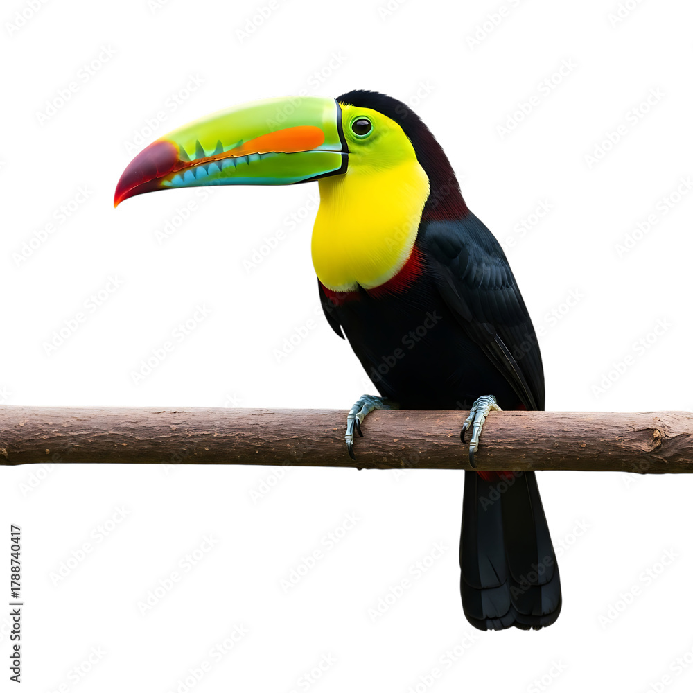 Fototapeta premium Keel-billed Toucan, with vibrant beak colors, cutout, PNG isolated on white or transparent background