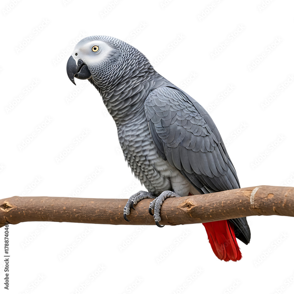 Obraz premium African Grey Parrot, with bright red tail feathers, cutout, PNG isolated on white or transparent background