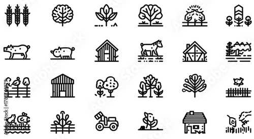 Simple black and white farm life icon set for agriculture.