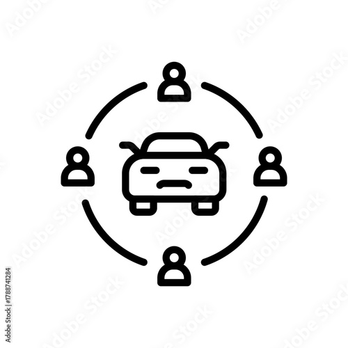 Car sharing line icon. Rental vehicle. Urban transportation, mobility. Travel people. Vacation car outline symbol. Isolated illustration.