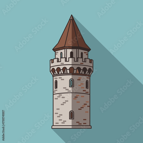 A cartoon tower with a brown roof and long shadow is depicted.
