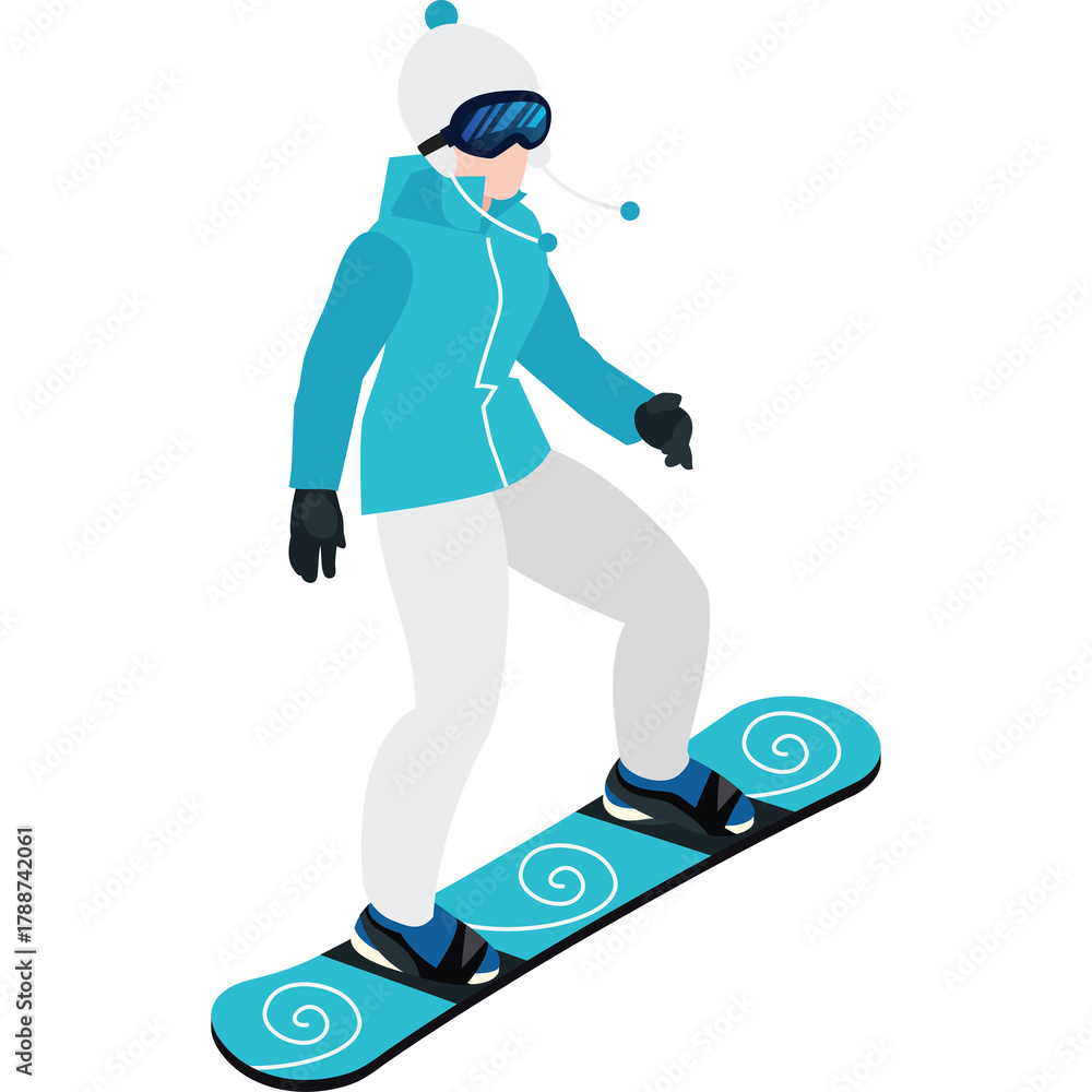 Obraz premium Woman Snowboarding Downhill Wearing Blue Jacket White Hat Goggles and White Pants on a Turquoise Snowboard with Swirls Against White Background