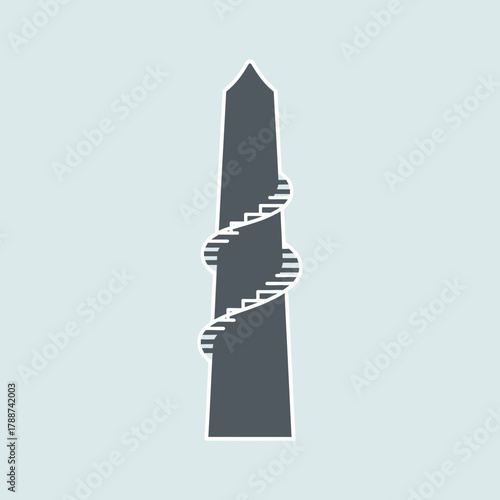 A dark gray obelisk with a spiraling staircase wrapped around its exterior.
