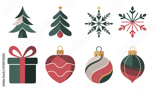 Christmas Holiday Vector Icons Set  Fir Trees, Snowflakes, Gift Box, and Festive Ornaments  Minimalist X-Mas Graphic Elements Collection