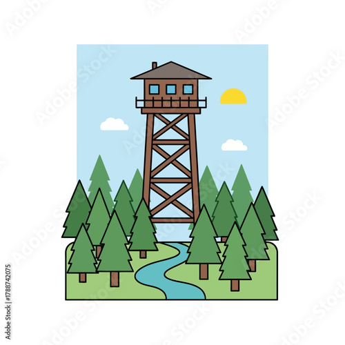 A wooden tower stands above trees with a river and sun.
