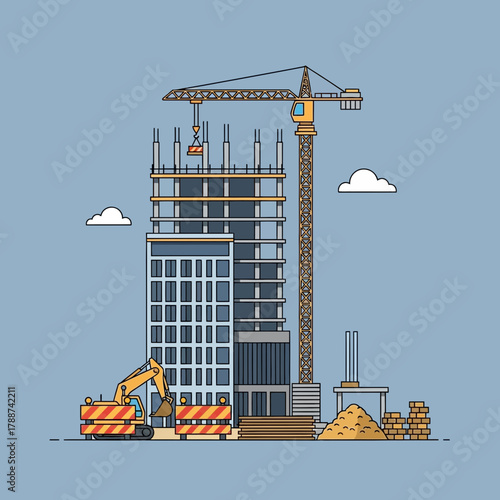 Building construction site with crane excavator bricks and clouds in a simple style.