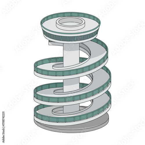 Illustrated spiral building with ramps and observation deck in isometric view.