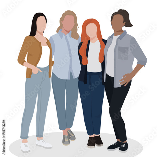 Diverse faceless women of different nationalities standing together and hugging on white background. Vector illustration symbolizing unity, equality, friendship, and female empowerment.