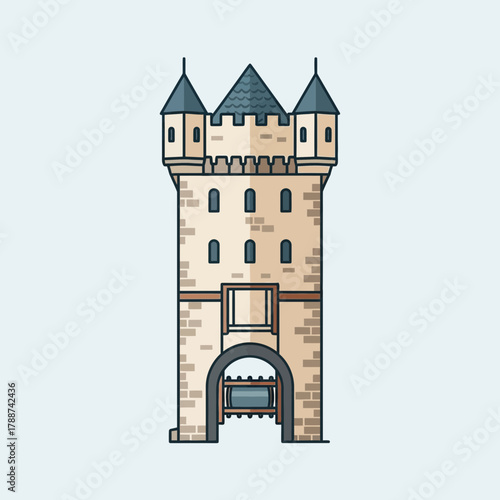 Illustration of a tall stone tower with turrets and a working mechanism.
