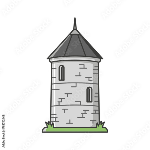 Cartoon tower with stone walls small windows and conical roof.