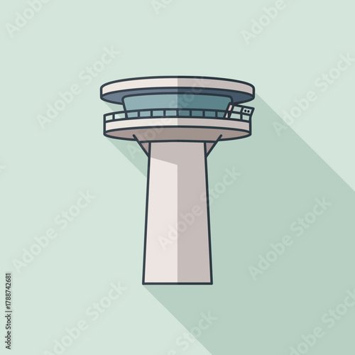 A stylized air traffic control tower stands tall with a long shadow.