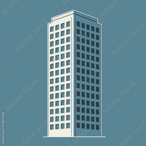 Tall building with many windows and a flat roof stands upright.