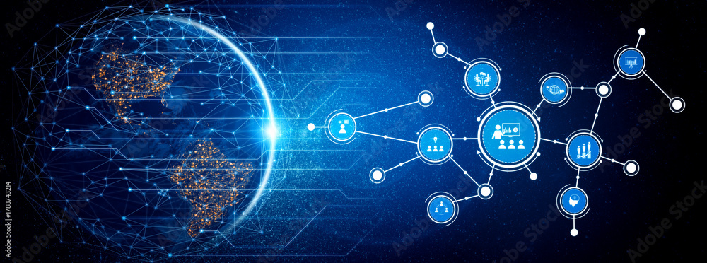 Obraz premium A futuristic representation of a global digital network showcasing interconnected industries and technologies, illustrated on a vibrant blue background. Tessel