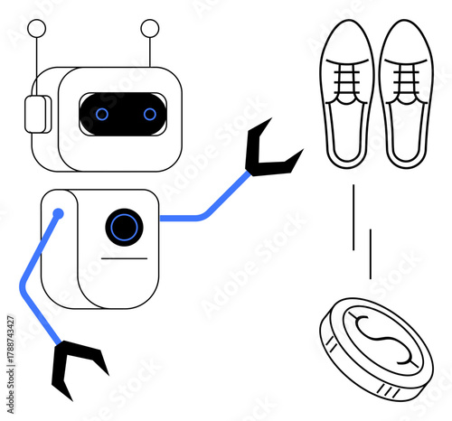 Humanoid robot arranging shoes and lifting a coin with mechanical claws. Ideal for automation, technology, robotics, AI, efficiency, smart solutions, precision. Simple flat metaphor
