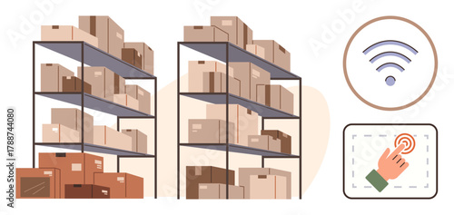 Storage racks loaded with boxes, a wireless symbol, and a touch control graphic. Ideal for logistics, inventory, smart systems, warehouse automation, supply chain, technology digital integration