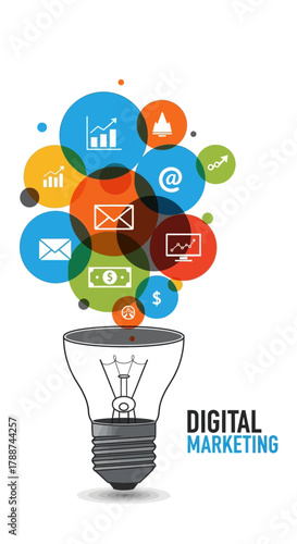 Digital Marketing Concept with Lightbulb and Colorful Icons.