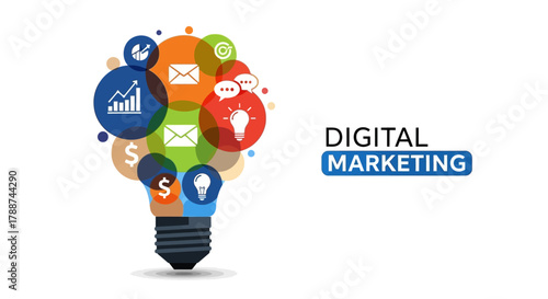 Digital Marketing Lightbulb Idea with Business Icons.