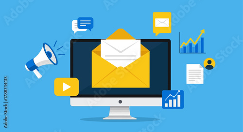 Email Marketing Campaign on Computer Screen with Megaphone and Data Charts.