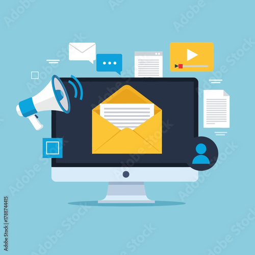 Email Marketing Campaign on Computer Screen with Megaphone and Documents.