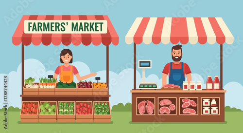 Farmers Market Stalls with Vendors Selling Fresh Produce and Meats.