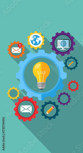 Lightbulb surrounded by gears and icons representing technology and communication.