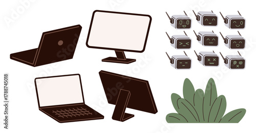 Laptops, desktop monitors, diverse robot faces with expressions, and green plants. Ideal for technology, AI, digital communication, emotion in tech, robotics gadget design simple flat metaphor