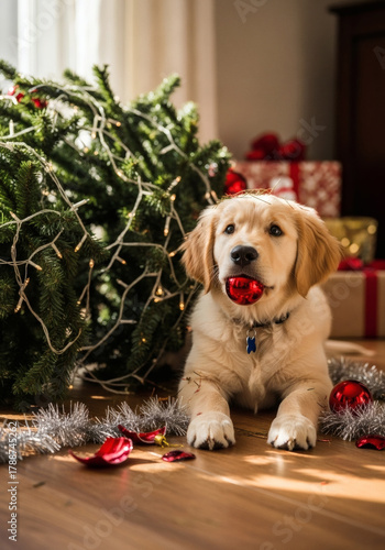 A playful golden retriever puppy joyfully chewing on a red ornament beside a toppled Christmas tree, capturing the spirit of the holiday season.