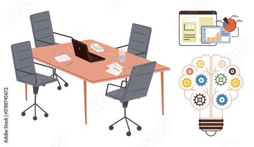 Office table with chairs and laptop accompanied by analytic charts and gear-lightbulb representing teamwork, ideas, and strategy. Ideal for business, innovation, analytics, productivity, planning