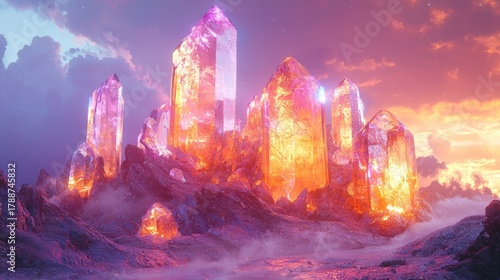 Glowing crystal formations at sunset.