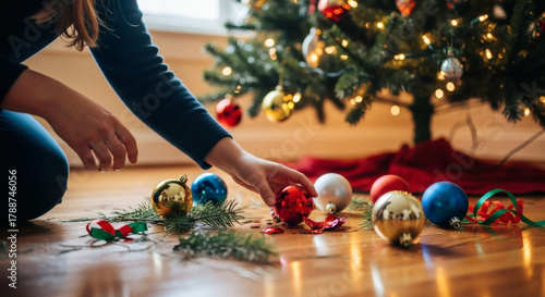A person arranging colorful Christmas ornaments on a wooden floor near a beautifully decorated Christmas tree, capturing the festive spirit of holiday decorating.