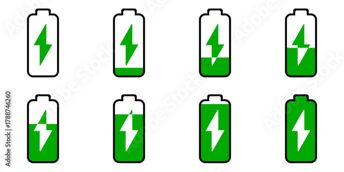 Sprite Sheet of Battery Charging Full or High or Empty Low Battery Power Load Green Symbol Sign Icon Set. Vector Image.