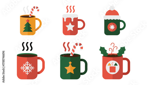 Christmas Hot Drinks Vector Icon Set: Flat Holiday Mugs with Cocoa and Coffee Designs