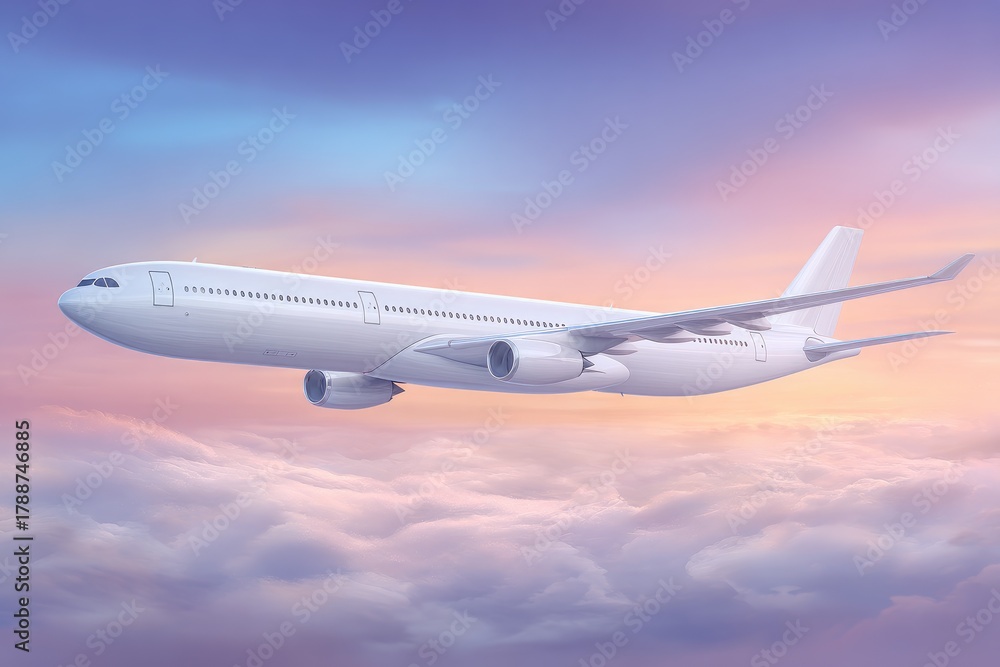 Fototapeta premium Commercial Airplane Flying Above Clouds at Sunset.