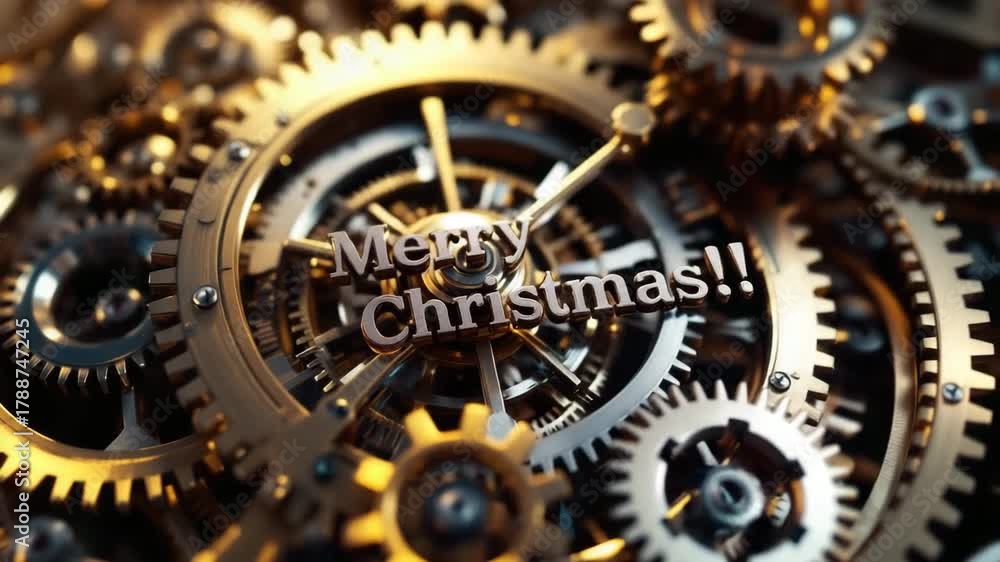 Merry Christmas text inside elegant clockwork gears animation