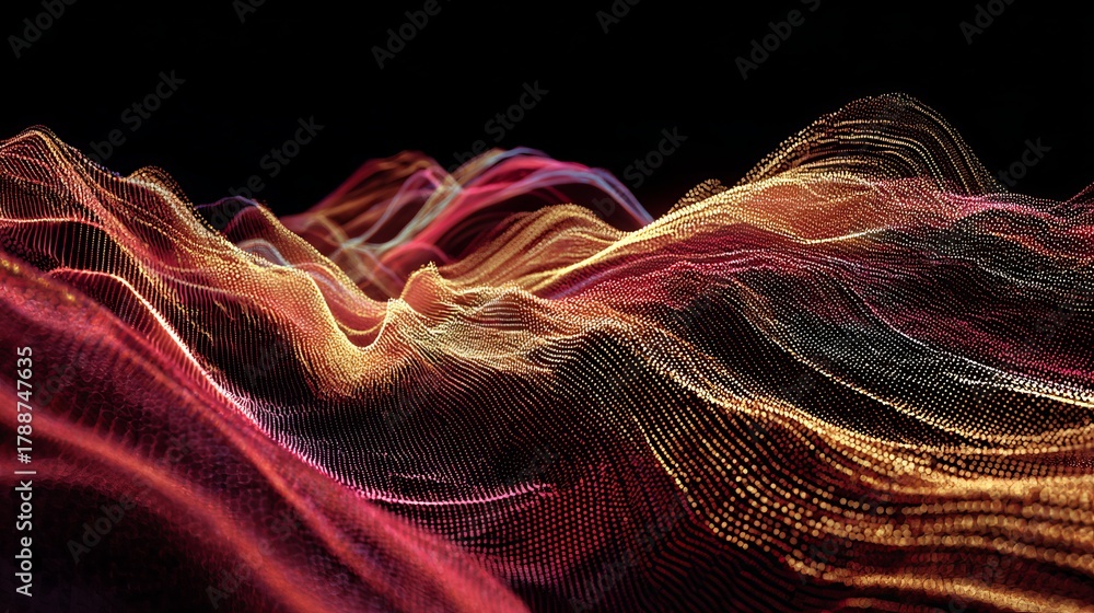 Obraz premium Dynamic abstract glowing particle waves create a vibrant, futuristic landscape of data flow and digital energy, perfect for tech and science themes.