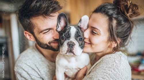 Adorable couple sharing affection with their pet dog. The puppy is held between them, enjoying the moment and the closeness of its loving owners. A very happy moment.