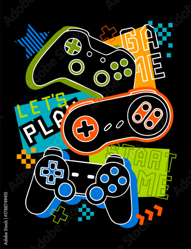 Seamless abstract pattern with joysticks game. Bright colorful vector Print for boys on black background