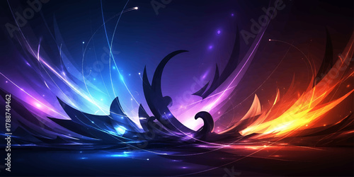 The abstract design shows fire in dark water under a starry night sky